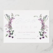 薄紫エレガントワイルドフラワーウェディング日付を保存 箔招待状 (正面)