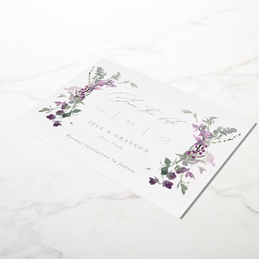 薄紫エレガントワイルドフラワーウェディング日付を保存 箔招待状 (回転した状態)