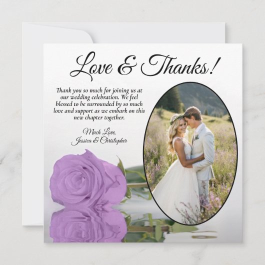 薄紫エレガント紫バラとオーバルフォト結婚ズ サンキューカード (正面)