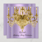 薄紫エレガント金ゴールドシャンデリア誕生日パーティー 招待状 (正面/裏面)