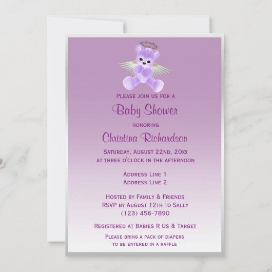 薄紫エンジェルテディベア赤ちゃんシャワー 招待状 (裏面)