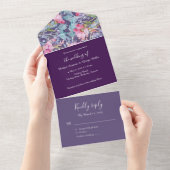 薄紫カラフルの花の結婚緑 オールインワン招待状 (貼ってはがせる)
