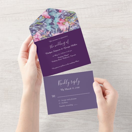薄紫カラフルの花の結婚緑 オールインワン招待状 (貼ってはがせる)