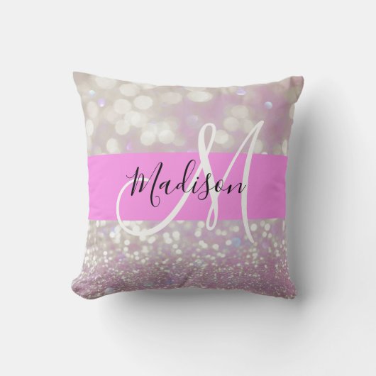 薄紫ガーリーきらめくグリッタースパークルスモノグラム名 クッション (正面)