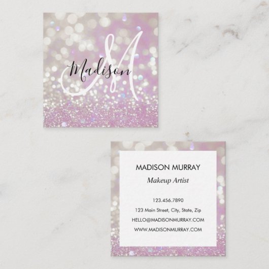 薄紫ガーリーきらめくグリッタースパークルスモノグラム名 スクエア名刺 (正面/裏面)