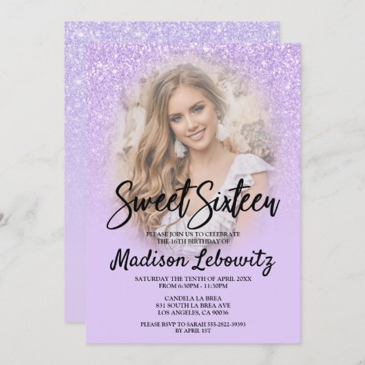 薄紫グリッターグラムスウィート16フォト招待状 招待状 (正面/裏面)