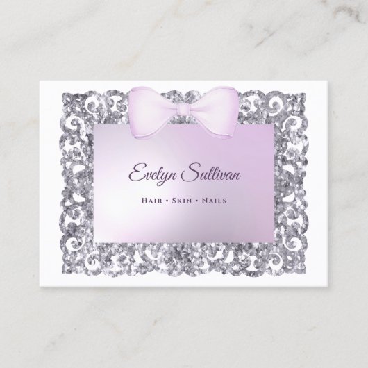薄紫グリッターフレームボウビジネスカード 名刺 (正面)