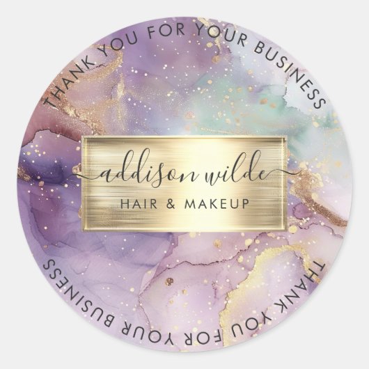 薄紫グリッター水フェイク色ゴールドフォイルありがとう ラウンドシール (正面)