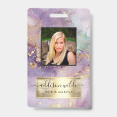 薄紫グリッター水フェイク色ゴールドフォイルサロンID バッジ (正面)