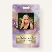 薄紫グリッター水フェイク色ゴールドフォイルサロンID バッジ (正面)