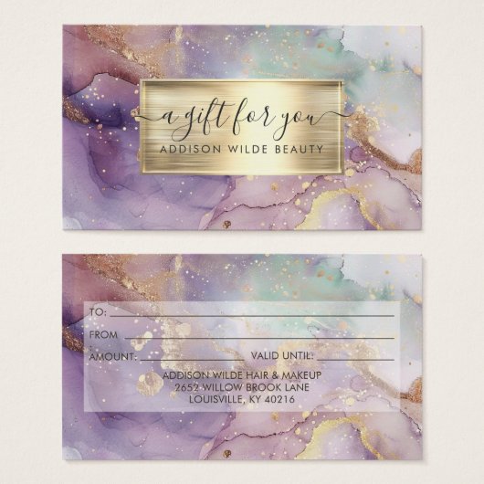 薄紫グリッター水彩フェイク金ゴールドサロンギフトカード (正面&裏面)