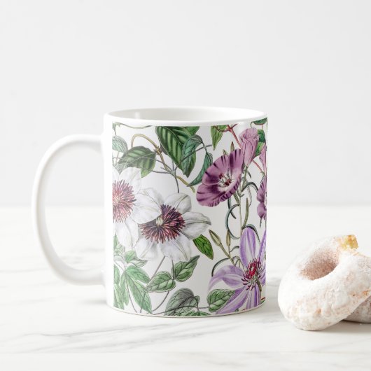薄紫グリーンホワイトヴィンテージ植物花 コーヒーマグカップ (ドーナツ)