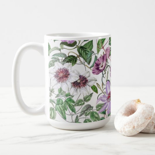 薄紫グリーンホワイトヴィンテージ植物花 コーヒーマグカップ (ドーナツ)
