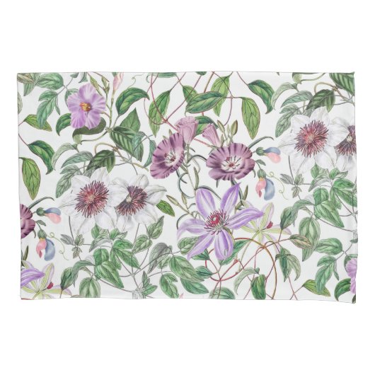 薄紫グリーンホワイトヴィンテージ植物花 枕カバー (正面)