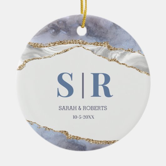 薄紫ゲードアゲートカップルズモノグラムのクリスマス セラミックオーナメント (正面)