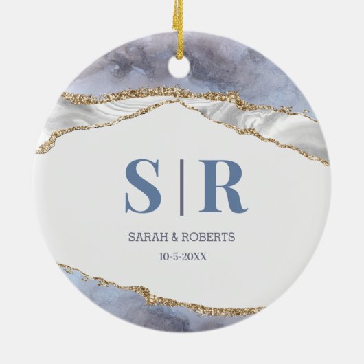 薄紫ゲードアゲートカップルズモノグラムのクリスマス セラミックオーナメント (裏面)