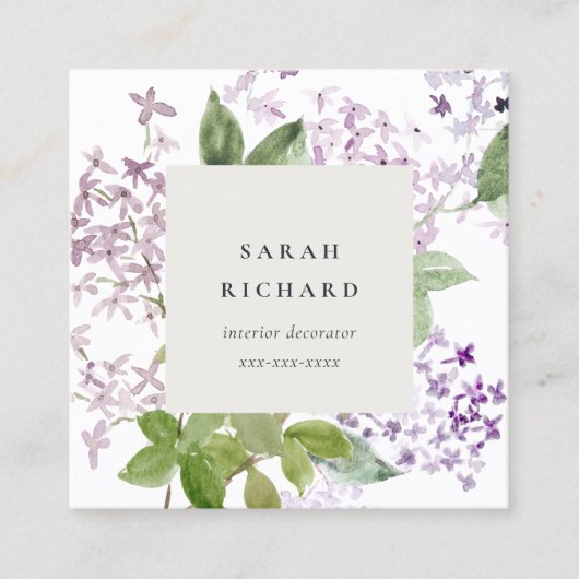 薄紫コテージガーデンウォーターカラーフローラ束 スクエア名刺 (正面)