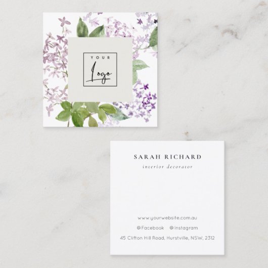 薄紫コテージガーデン水彩フローラバンチロゴ スクエア名刺 (正面/裏面)