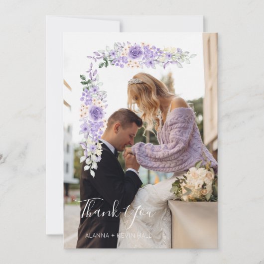 薄紫シェード花と枝の写真結婚ズ サンキューカード (正面)