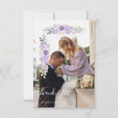薄紫シェード花と枝の写真結婚ズ サンキューカード (正面)