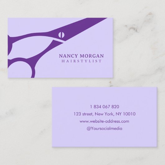 薄紫シザーヘアスタイリストパープル名刺 名刺 (正面/裏面)