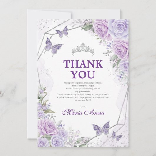薄紫シルバーキンセアニラバタフライサンキューカード 招待状 (正面)