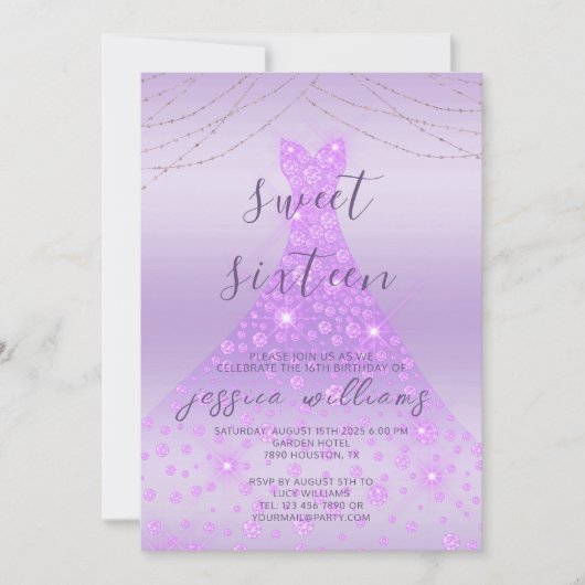 薄紫シークンボールガウン&ライツスウィート16誕生日 招待状 (正面)