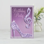 薄紫スティレット&トレブルクレフ、 音符記号誕生日 招待状 (スタンド正面)