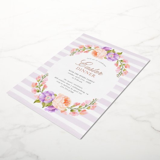 薄紫ストライプと開花イースターディナー 箔招待状 (回転した状態)