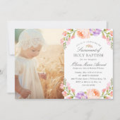薄紫ストライプと開花ベビーガール写真バプテスマ 招待状 (正面)