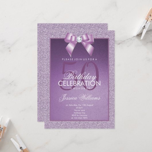 薄紫スパークル&スタイリッシュジェム誕生日 招待状 (正面/裏面インサイチュ)