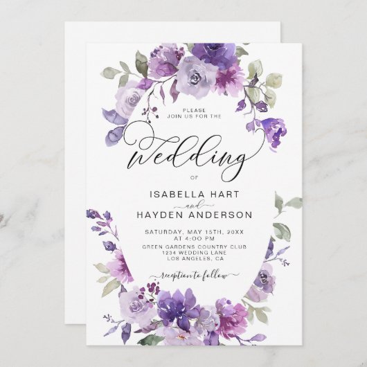 薄紫ダスティパープルメイヴフローラエレガントな結婚式 招待状 (正面/裏面)
