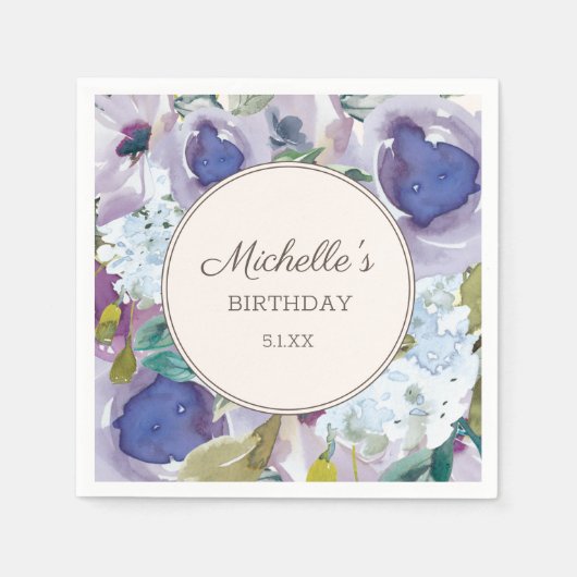 薄紫ダスティブルーウォーター色フローラ誕生日 スタンダードカクテルナプキン (正面)