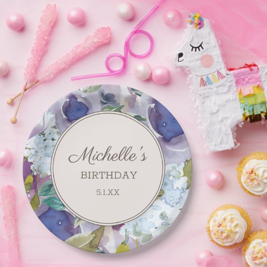 薄紫ダスティブルーウォーター色フローラ誕生日 ペーパープレート (パーティー)