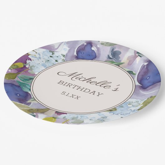 薄紫ダスティブルーウォーター色フローラ誕生日 ペーパープレート (アングル)