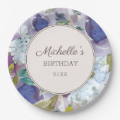 薄紫ダスティブルーウォーター色フローラ誕生日 ペーパープレート (正面)