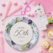 薄紫ダスティブルーウォーター色フローラ50誕生日 ペーパープレート (パーティー)