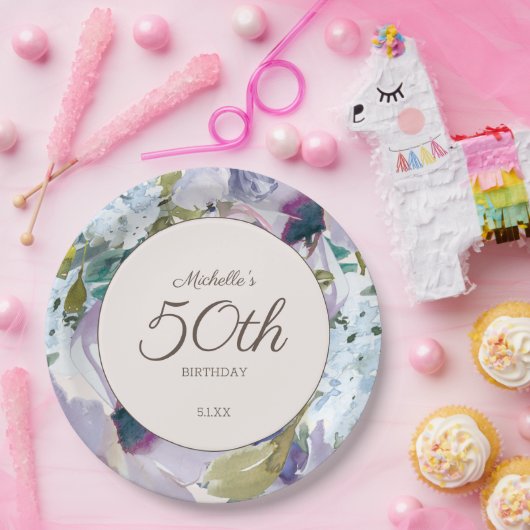 薄紫ダスティブルーウォーター色フローラ50誕生日 ペーパープレート (パーティー)