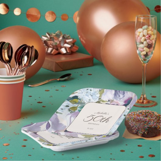 薄紫ダスティブルーウォーター色フローラ50誕生日 ペーパープレート (複数)