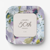 薄紫ダスティブルーウォーター色フローラ50誕生日 ペーパープレート (正面)