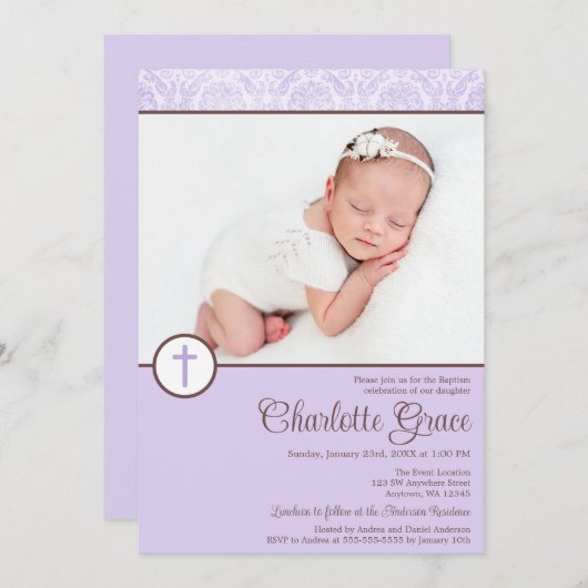 薄紫ダマスククロスガールフォトバプテスマ《キリスト教》洗礼式や命名式 招待状 (正面/裏面)