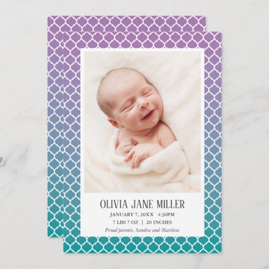 薄紫ティール(緑がかった色)グラデーションクローバーの誕生発表 案内状 (正面/裏面)