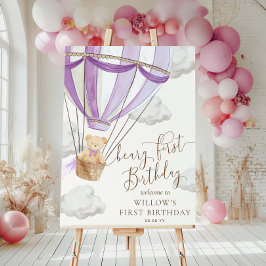 薄紫テディベアーリーファースト誕生日ウェルカムサイン ポスター