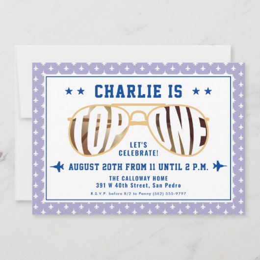 薄紫トップワンファイターパイロットをテーマにした第1誕生日 招待状 (正面)