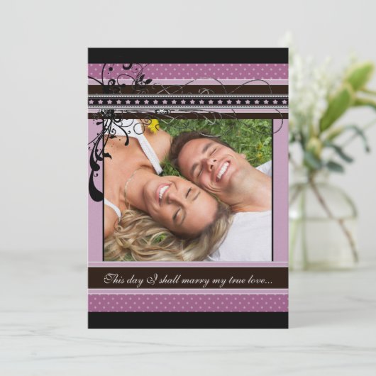 薄紫ドットとスワ結婚ールの写真招待状 招待状 (スタンド正面)