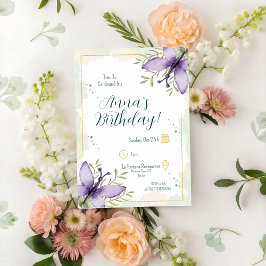 薄紫バタフライウォーターカラー誕生日 招待状