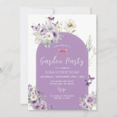薄紫バタフライファースト誕生日ガーデンパーティー 招待状 (正面)