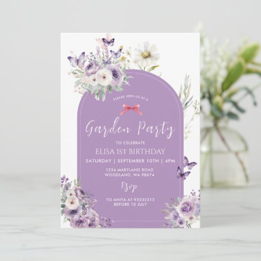 薄紫バタフライファースト誕生日ガーデンパーティー 招待状 (スタンド正面)
