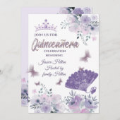 薄紫バタフライフローラハンドファンティアラQuinceaenera 招待状 (正面/裏面)