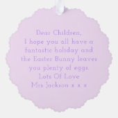 薄紫バニーとピンクのイースターエッグ幼稚園 オーナメントカード (裏面)